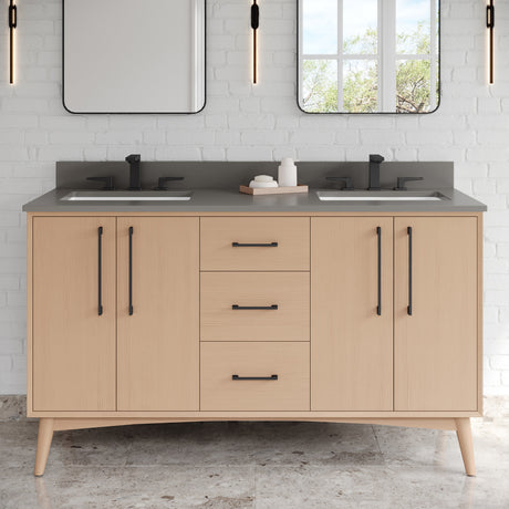 Jeffrey Alexander Dashwood 60" Natural Oak Double Sink Bathroom Vanity with Grey Quartz Top - 8 in. Widespread Faucet Top