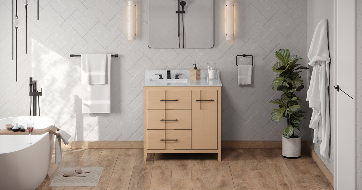 Jeffrey Alexander Katara 36" Natural Oak Single Sink Bathroom Vanity with White Carrara Marble Top - 8 in. Widespread Faucet Top product image 6