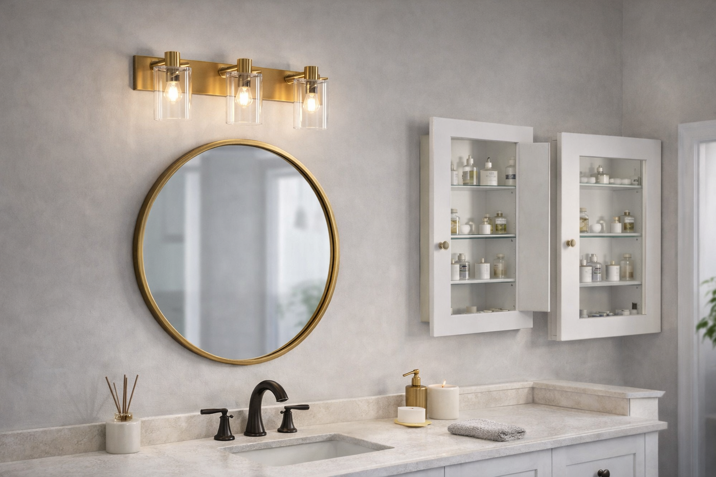 Bathroom vanity with brass light fixture, round mirror, and medicine cabinet