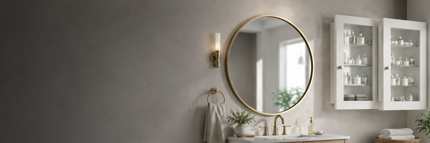 Bathroom vanity with brass light fixture, round mirror, and medicine cabinet