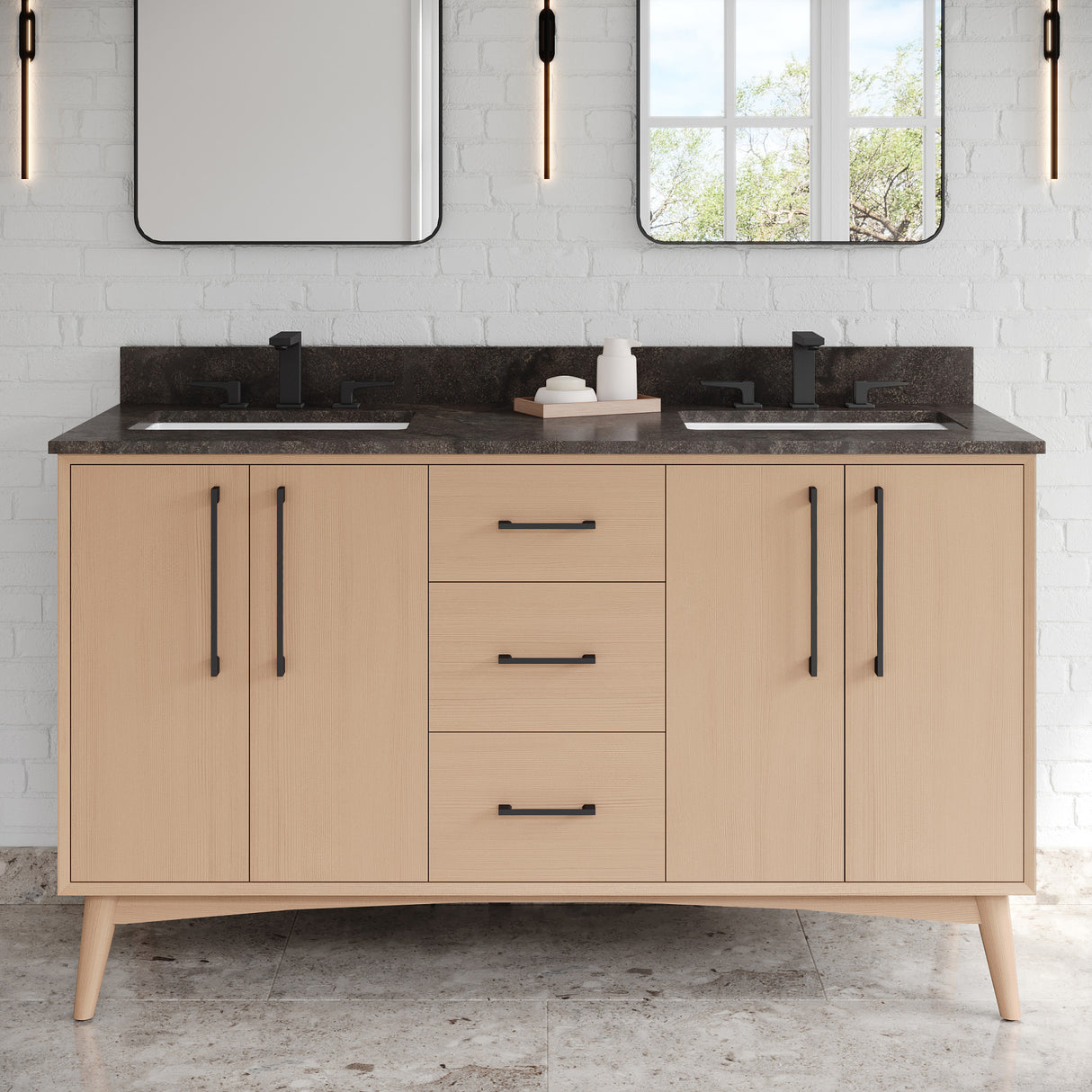 Jeffrey Alexander Dashwood 60" Natural Oak Double Sink Bathroom Vanity with Blue Limestone Top - 8 in. Widespread Faucet Top