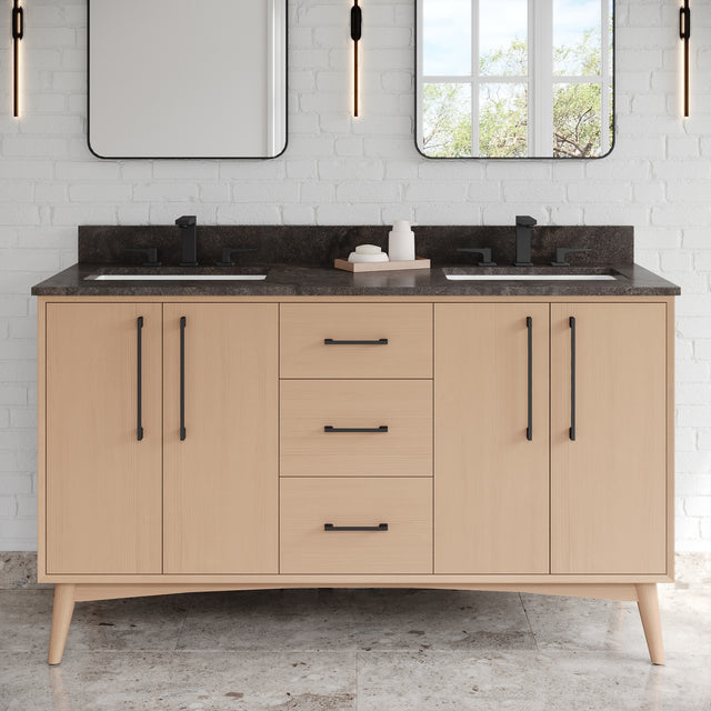 Jeffrey Alexander Dashwood 60" Natural Oak Double Sink Bathroom Vanity with Blue Limestone Top - 8 in. Widespread Faucet Top