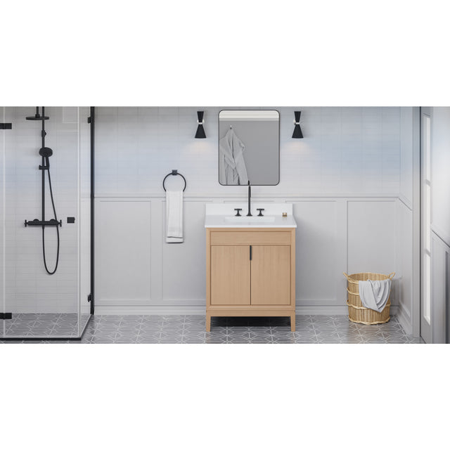 Jeffrey Alexander Theodora 30" Natural Oak Single Sink Bathroom Vanity with White Quartz Top - 8 in. Widespread Faucet Top - VKITTHE30NOWQR