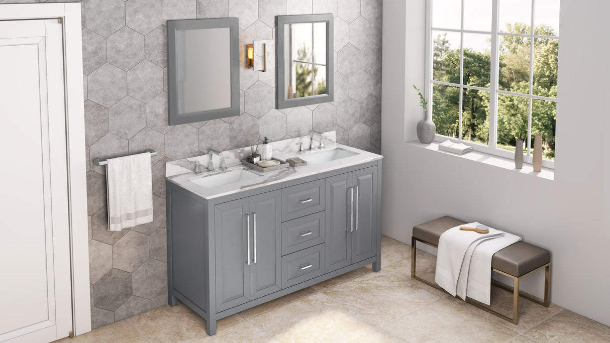 Jeffrey Alexander Cade 60" Grey Double Sink Bathroom Vanity with Calacatta Vienna Quartz Top - 8 in. Widespread Faucet Top product image 7