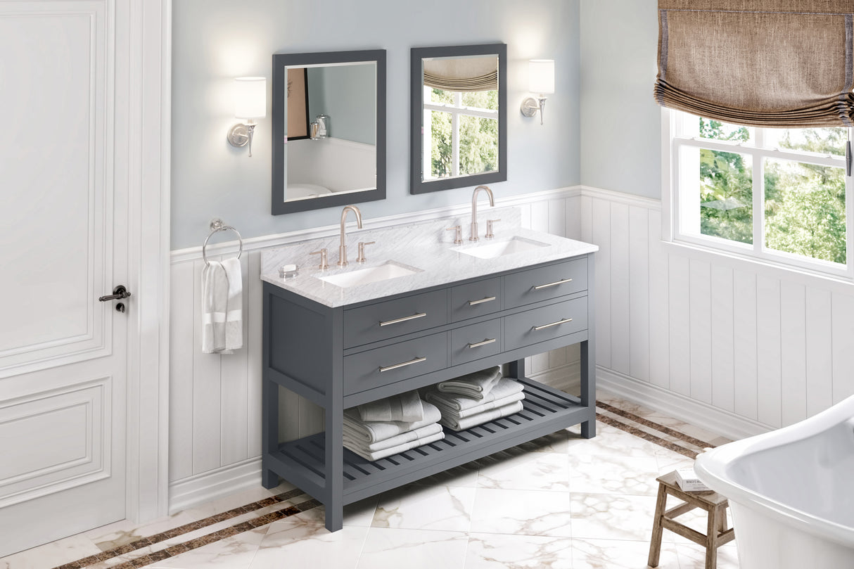 Jeffrey Alexander Wavecrest double sink vanity with White Carrara marble top detail view