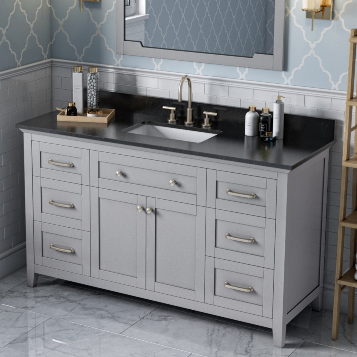 Jeffrey Alexander Chatham 60" Grey Double Sink Bathroom Vanity with Black Granite Top - 8 in. Widespread Faucet Top - VKITCHA60SGRBGR product image 2