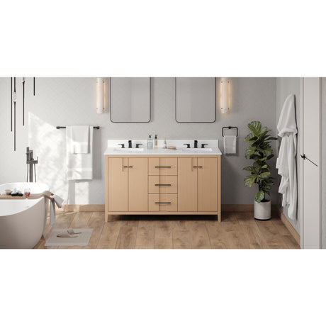 Jeffrey Alexander Katara 60" Natural Oak Double Sink Bathroom Vanity with White Quartz Top - 8 in. Widespread Faucet Top