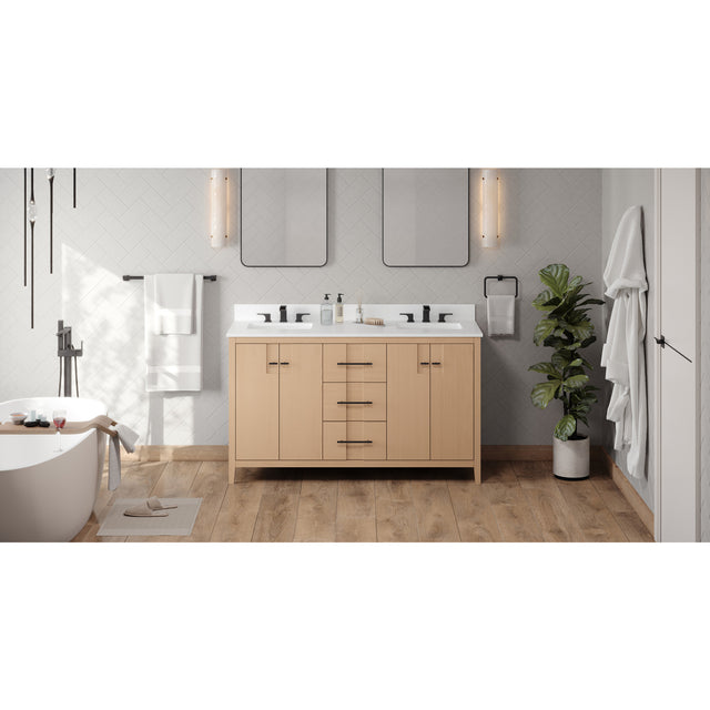 Jeffrey Alexander Katara 60" Natural Oak Double Sink Bathroom Vanity with White Quartz Top - 8 in. Widespread Faucet Top