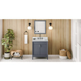 Jeffrey Alexander Theodora 30" Blue Steel Single Sink Bathroom Vanity with White Carrara Marble Top - 8 in. Widespread Faucet Top