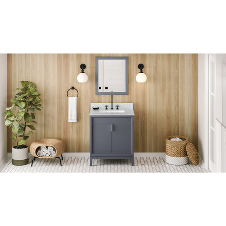 Jeffrey Alexander Theodora 30" Blue Steel Single Sink Bathroom Vanity with White Carrara Marble Top - 8 in. Widespread Faucet Top