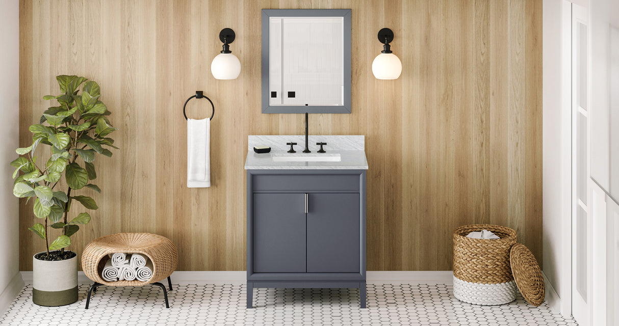 Jeffrey Alexander Theodora 30" Blue Steel Single Sink Bathroom Vanity with White Carrara Marble Top - 8 in. Widespread Faucet Top product image 7