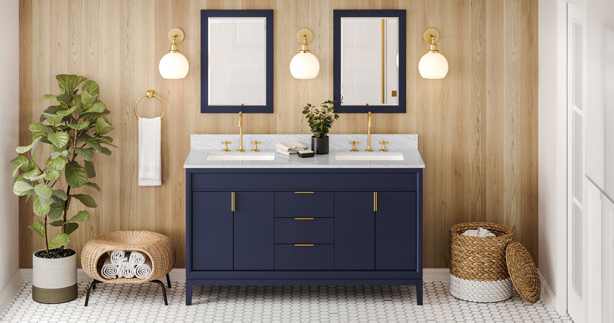 Jeffrey Alexander Theodora 60" Hale Blue Double Sink Bathroom Vanity with White Carrara Marble Top - 8 in. Widespread Faucet Top product image 7
