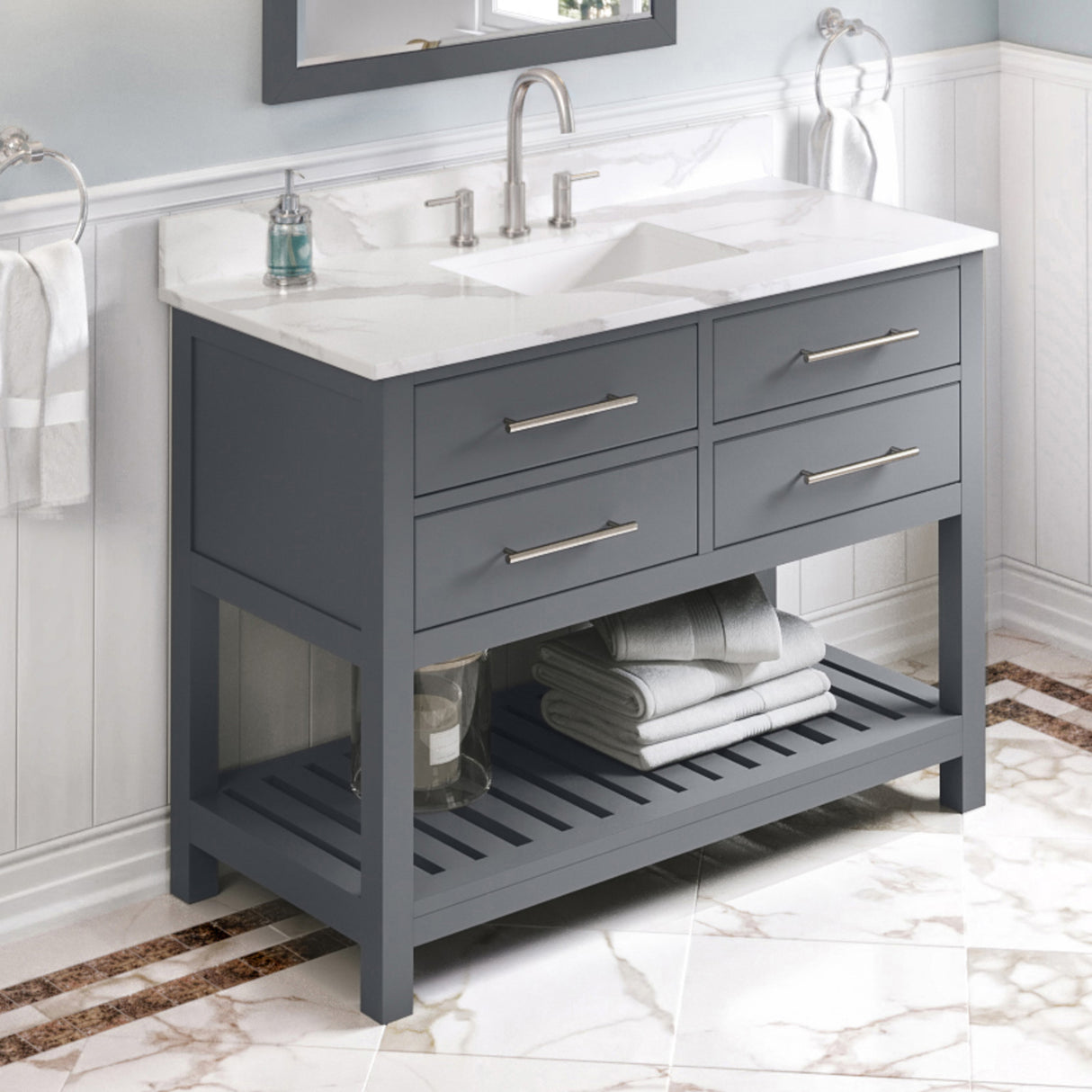 Jeffrey Alexander Wavecrest 48" Grey Single Sink Bathroom Vanity with Calacatta Vienna Quartz Top - 8 in. Widespread Faucet Top product image 2