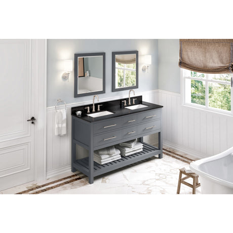 Jeffrey Alexander Wavecrest 60" Grey Double Sink Bathroom Vanity with Black Granite Top - 8 in. Widespread Faucet Top