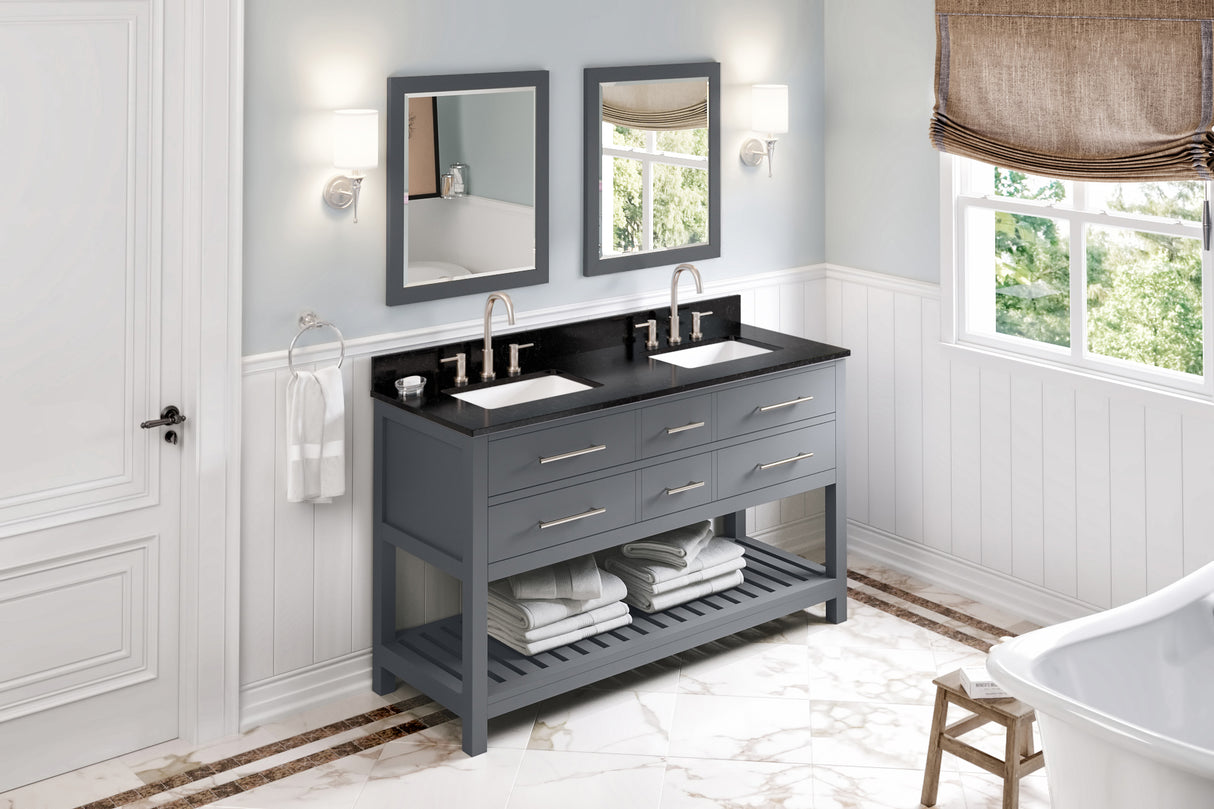 Jeffrey Alexander Wavecrest 60" Grey Double Sink Bathroom Vanity with Black Granite Top - 8 in. Widespread Faucet Top product image 7