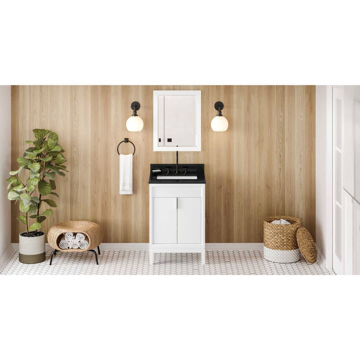 Jeffrey Alexander Theodora 24" White Single Sink Bathroom Vanity with Black Granite Top - 8 in. Widespread Faucet Top