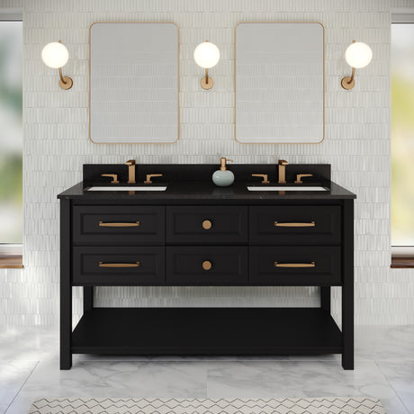 Jeffrey Alexander Kipling 60" Black Double Sink Bathroom Vanity with Black Granite Top - 8 in. Widespread Faucet Top