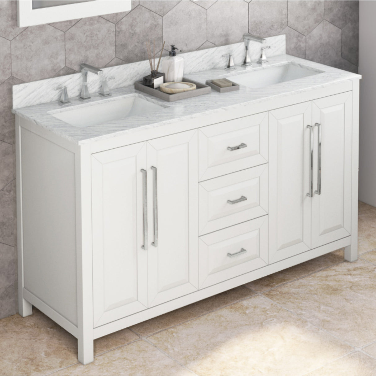 Jeffrey Alexander Cade 60" White Double Sink Bathroom Vanity with White Carrara Marble Top - 8 in. Widespread Faucet Top product image 2