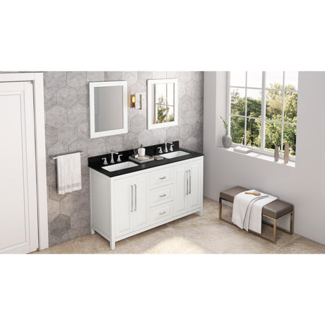 Jeffrey Alexander Cade 60" White Double Sink Bathroom Vanity with Black Granite Top - 8 in. Widespread Faucet Top
