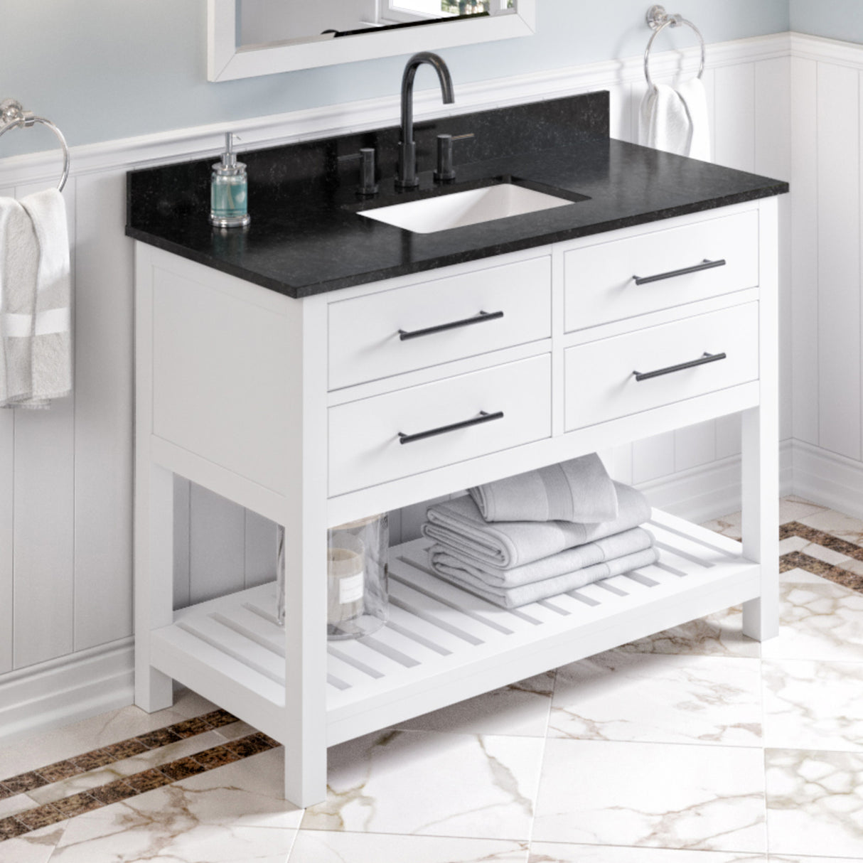 Jeffrey Alexander Wavecrest 48" White Single Sink Bathroom Vanity with Black Granite Top - 8 in. Widespread Faucet Top product image 2