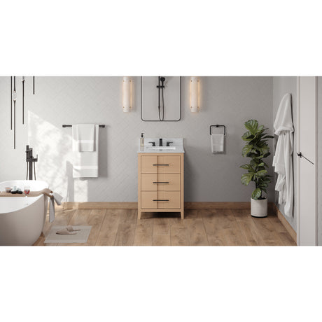 Jeffrey Alexander Katara 24" Natural Oak Single Sink Bathroom Vanity with White Carrara Marble Top - 8 in. Widespread Faucet Top