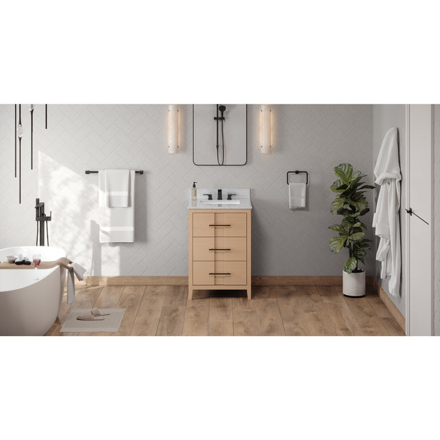 Jeffrey Alexander Katara 24" Natural Oak Single Sink Bathroom Vanity with White Carrara Marble Top - 8 in. Widespread Faucet Top