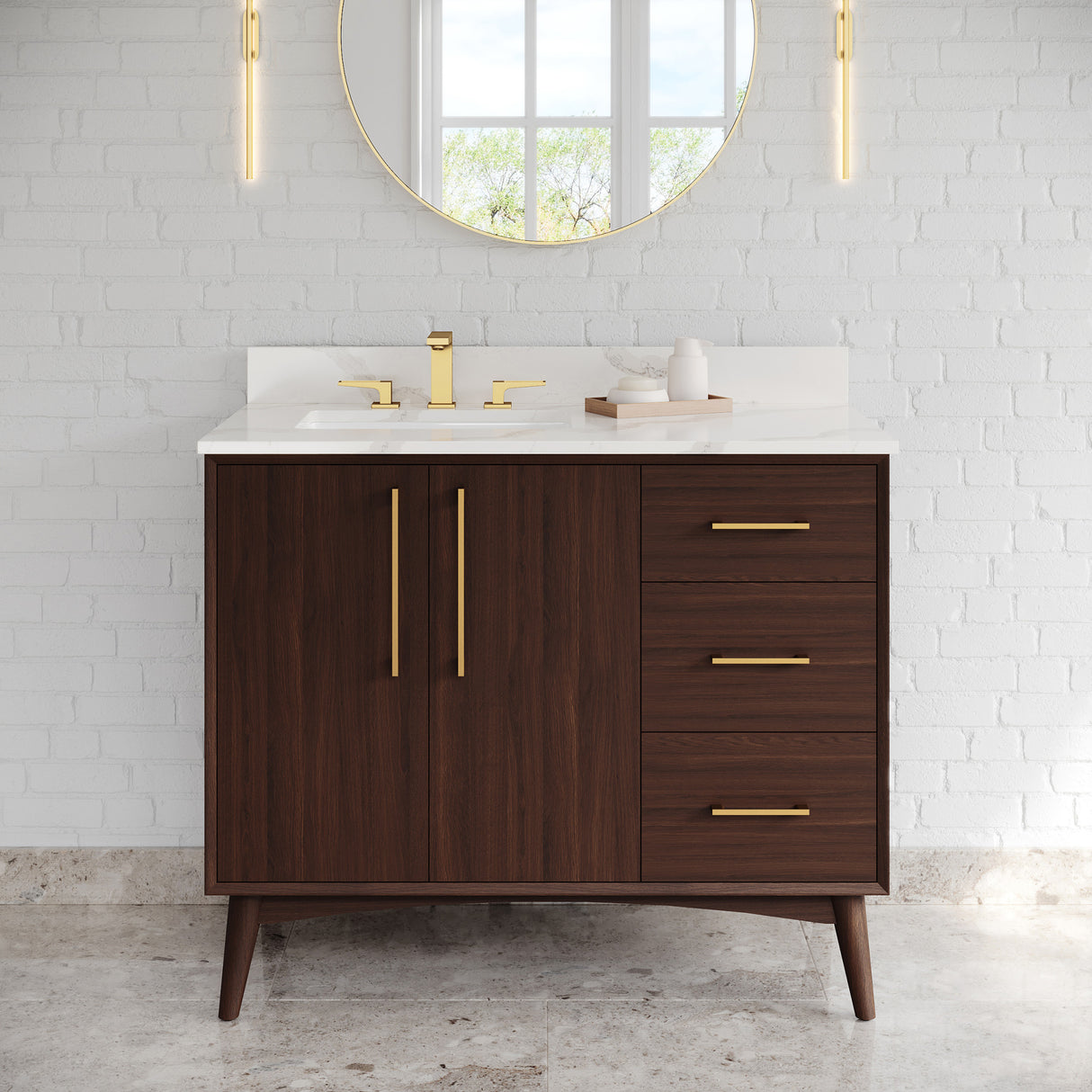Jeffrey Alexander Dashwood Dark Walnut Single Sink Bathroom Vanity with Calacatta Vienna Quartz Top - 8 in. Widespread Faucet Top - VKITDAS42DWCQR