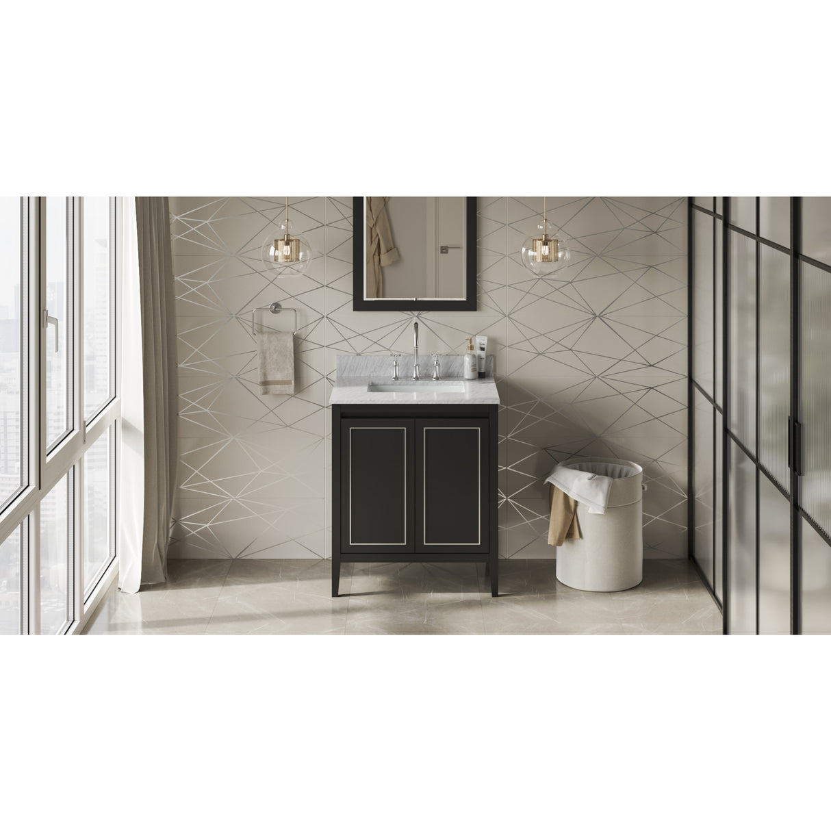 Jeffrey Alexander Percival 30" Black Single Sink Bathroom Vanity with White Carrara Marble Top - 8 in. Widespread Faucet Top