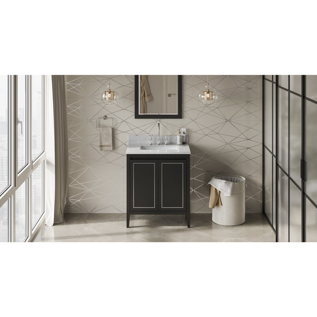 Jeffrey Alexander Percival 30" Black Single Sink Bathroom Vanity with White Carrara Marble Top - 8 in. Widespread Faucet Top