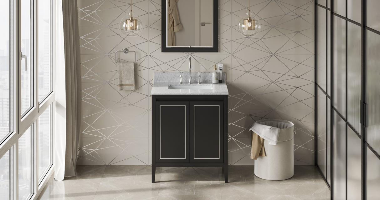 Jeffrey Alexander Percival 30" Black Single Sink Bathroom Vanity with White Carrara Marble Top - 8 in. Widespread Faucet Top product image 7