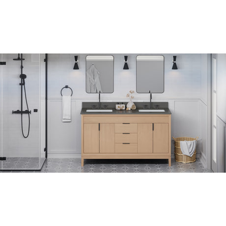 Jeffrey Alexander Theodora 60" Natural Oak Double Sink Bathroom Vanity with Grey Quartz Top - 8 in. Widespread Faucet Top