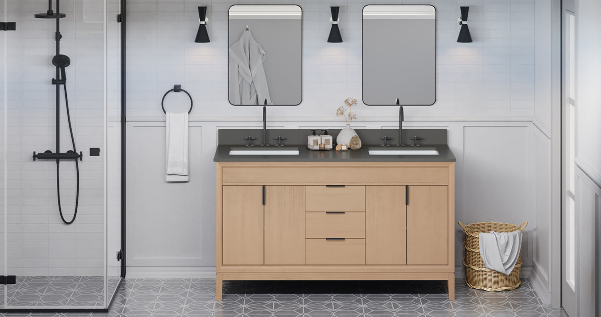 Jeffrey Alexander Theodora 60" Natural Oak Double Sink Bathroom Vanity with Grey Quartz Top - 8 in. Widespread Faucet Top product image 6