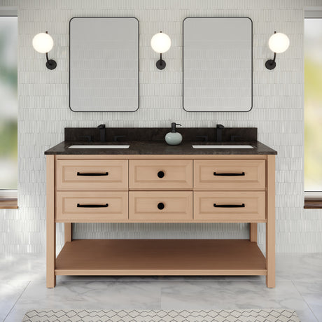 Jeffrey Alexander Kipling 60" Natural Oak Double Sink Bathroom Vanity with Blue Limestone Top - 8 in. Widespread Faucet Top