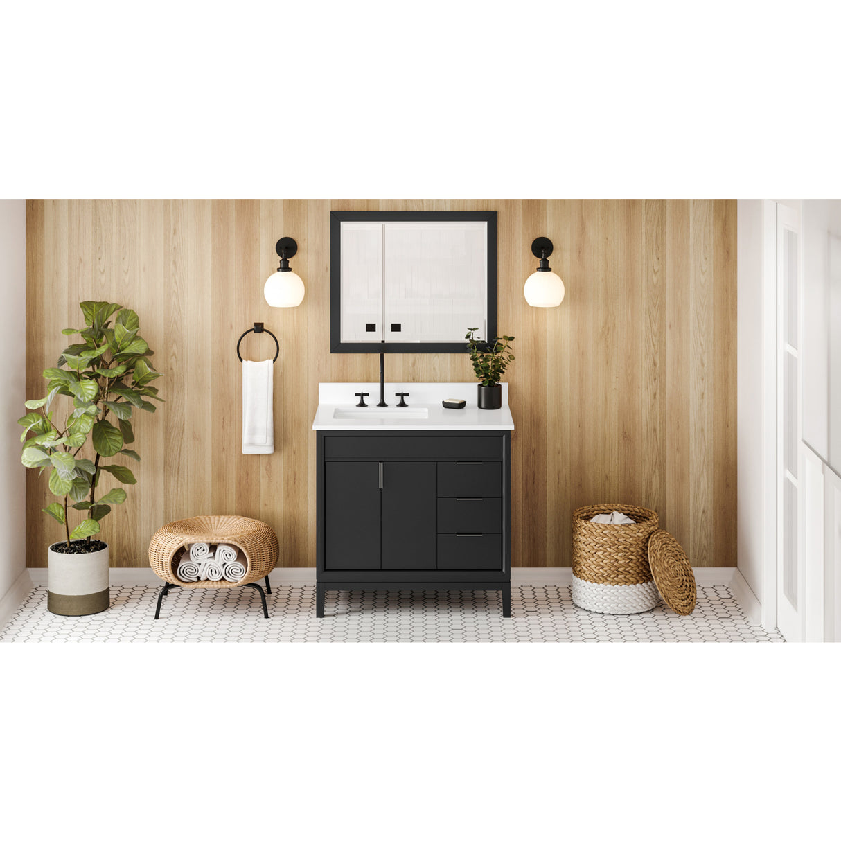 Jeffrey Alexander Theodora 36" Black Single Sink Bathroom Vanity with White Quartz Top - 8 in. Widespread Faucet Top