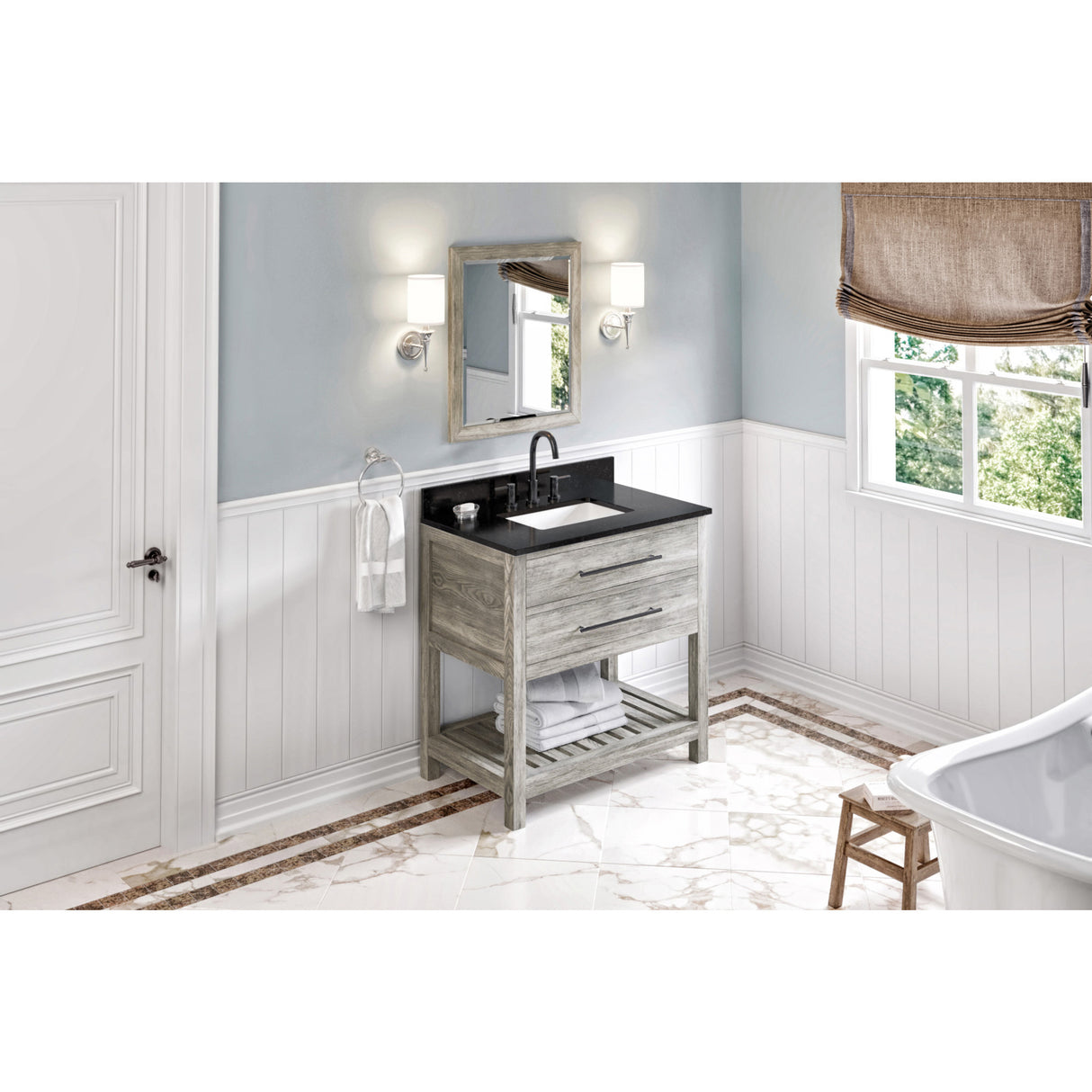 Jeffrey Alexander Wavecrest 36" Weathered Grey Single Sink Bathroom Vanity with Black Granite Top - 8 in. Widespread Faucet Top