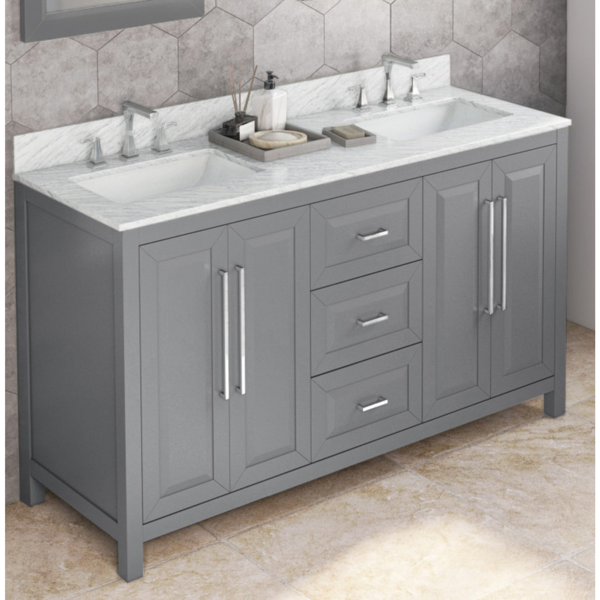 Jeffrey Alexander Cade 60" Grey Double Sink Bathroom Vanity with White Carrara Marble Top - 8 in. Widespread Faucet Top product image 2
