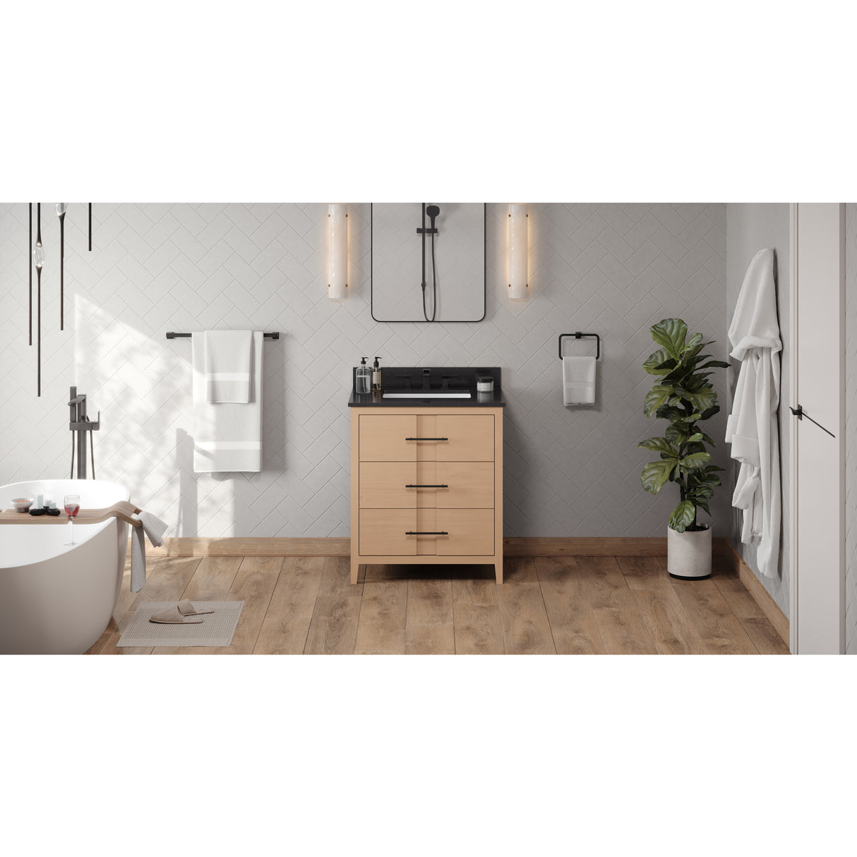 Jeffrey Alexander Katara 30" Natural Oak Single Sink Bathroom Vanity with Black Granite Top - 8 in. Widespread Faucet Top
