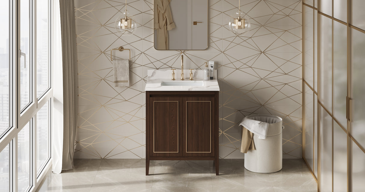 Jeffrey Alexander Percival 30" Dark Walnut Single Sink Bathroom Vanity with Calacatta Vienna Quartz Top - 8 in. Widespread Faucet Top product image 6