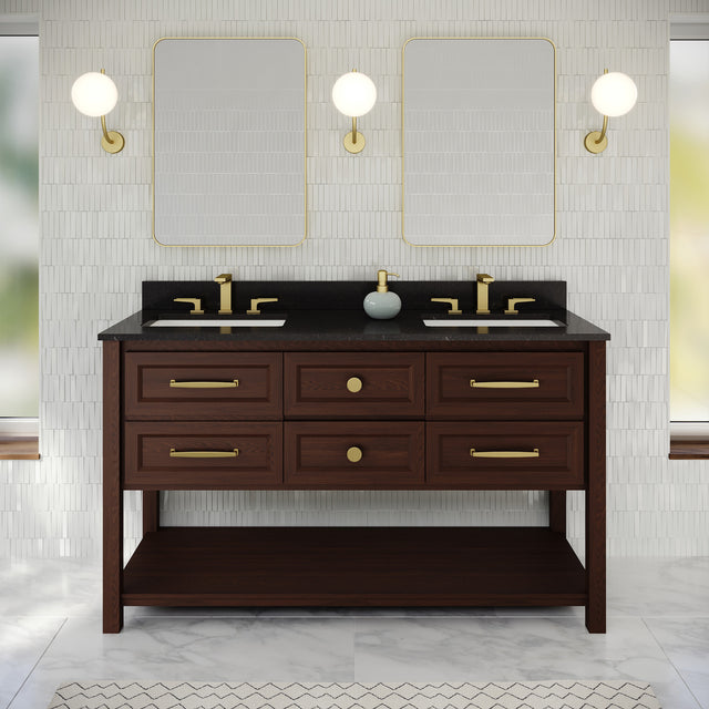 Jeffrey Alexander Kipling 60" Dark Walnut Double Sink Bathroom Vanity with Black Granite Top - 8 in. Widespread Faucet Top
