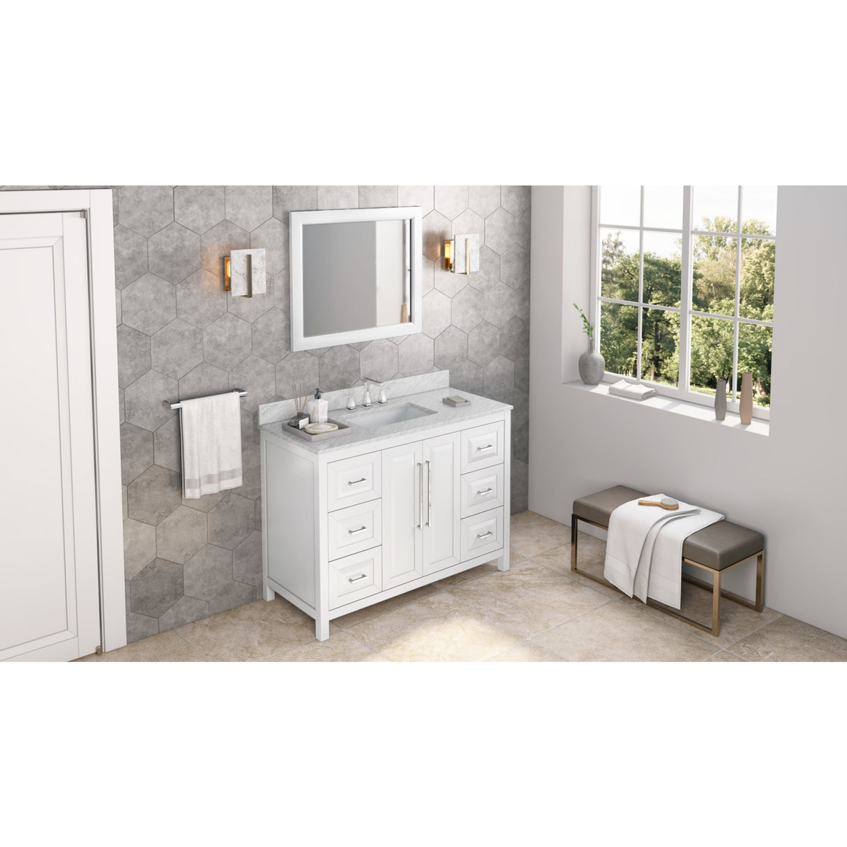Jeffrey Alexander Cade 48" White Single Sink Bathroom Vanity with White Carrara Marble Top - 8 in. Widespread Faucet Top