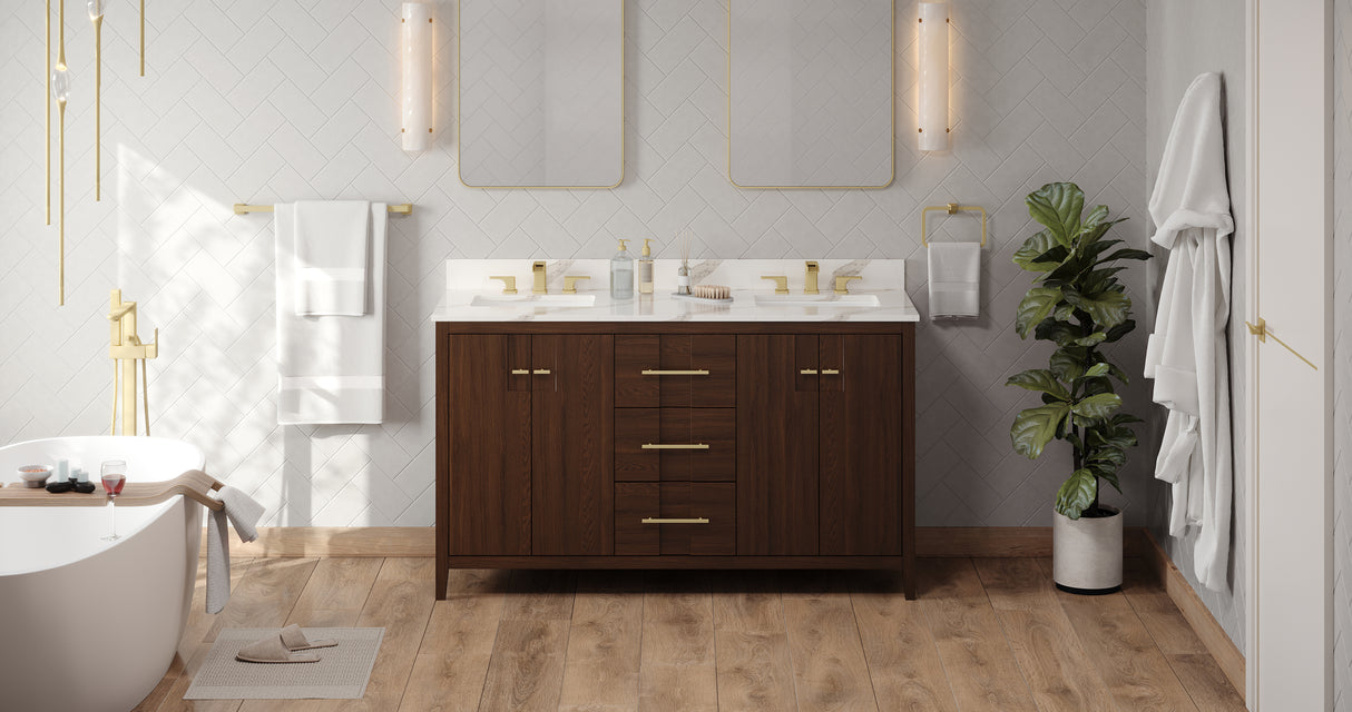 Jeffrey Alexander Katara 60" Dark Walnut Double Sink Bathroom Vanity with Calacatta Vienna Quartz Top - 8 in. Widespread Faucet Top product image 6