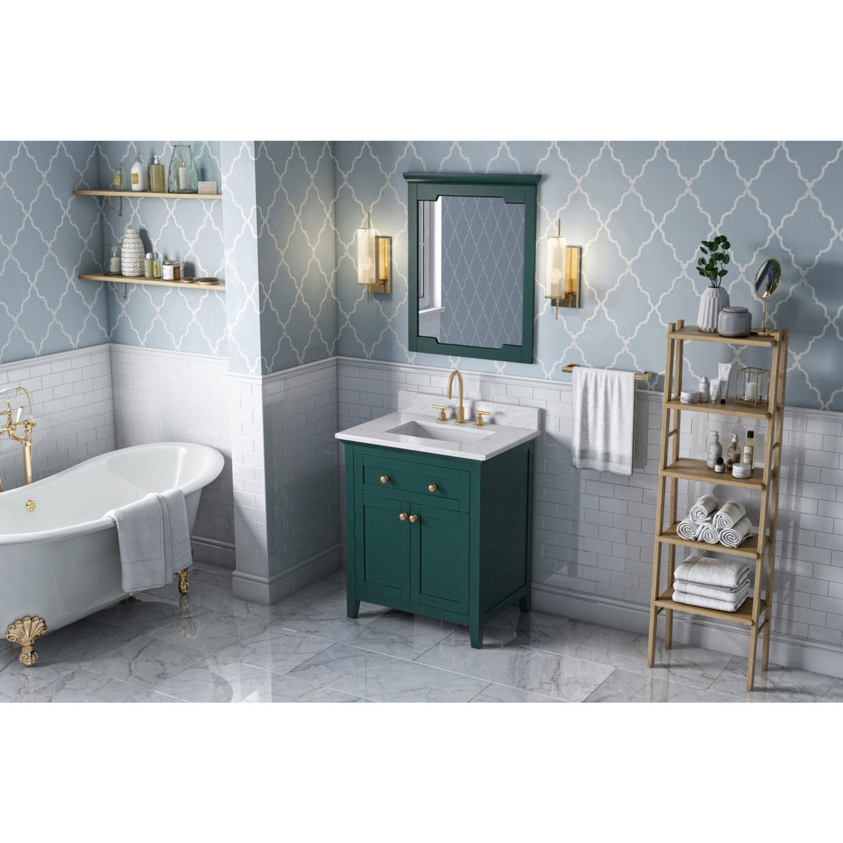 Jeffrey Alexander Chatham 30" Green Single Sink Bathroom Vanity with White Carrara Marble Top - 8 in. Widespread Faucet Top