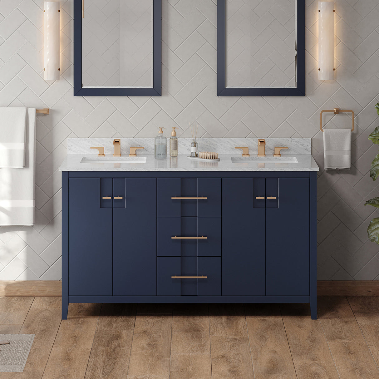 Jeffrey Alexander Katara 60" Hale Blue Double Sink Bathroom Vanity with White Carrara Marble Top - 8 in. Widespread Faucet Top product image 2