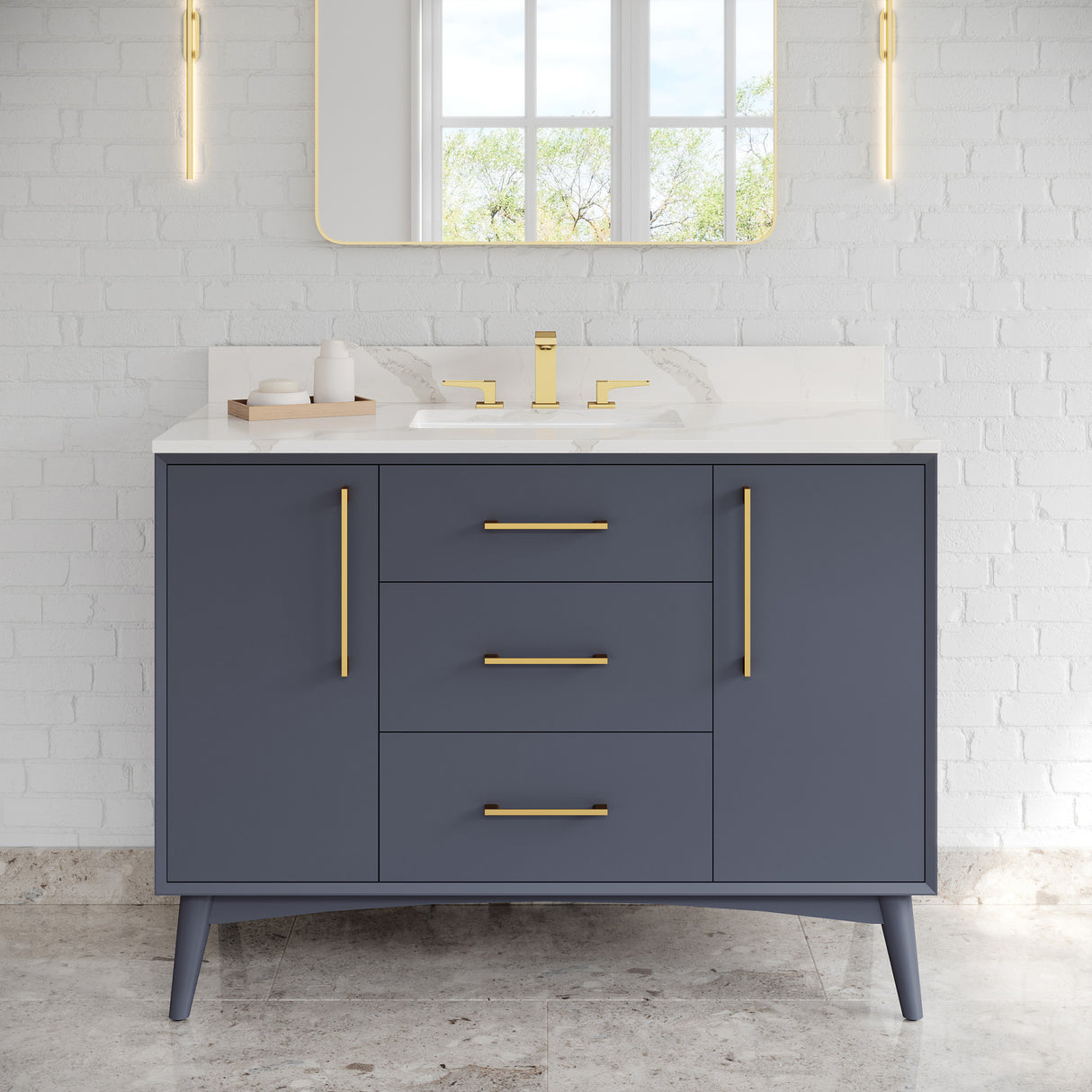 Jeffrey Alexander Dashwood Blue Steel Single Sink Bathroom Vanity with Calacatta Vienna Quartz Top - 8 in. Widespread Faucet Top - VKITDAS48BSCQR