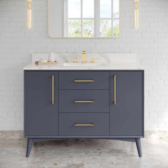 Jeffrey Alexander Dashwood Blue Steel Single Sink Bathroom Vanity with Calacatta Vienna Quartz Top - 8 in. Widespread Faucet Top - VKITDAS48BSCQR