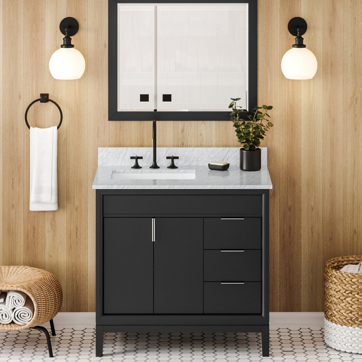 Jeffrey Alexander Theodora 36" Black Single Sink Bathroom Vanity with White Carrara Marble Top - 8 in. Widespread Faucet Top product image 2
