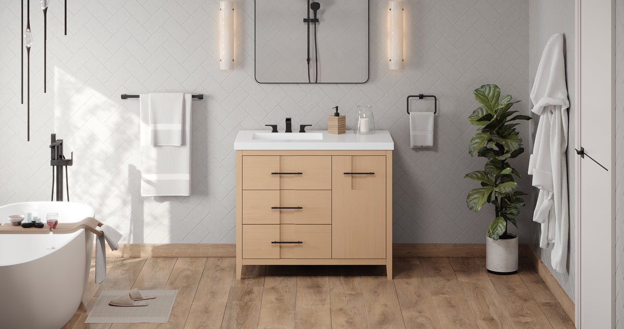 Jeffrey Alexander Katara 42" Natural Oak Single Sink Bathroom Vanity with White Resin Top - 8 in. Widespread Faucet Top product image 5