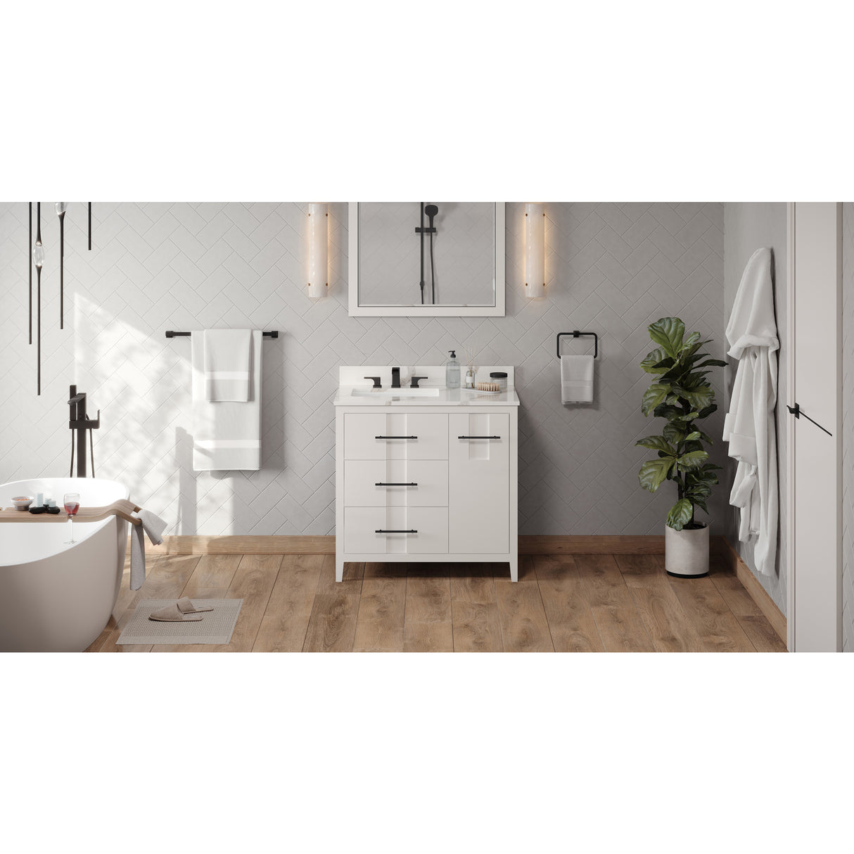 Jeffrey Alexander Katara 36" White Single Sink Bathroom Vanity with Calacatta Vienna Quartz Top - 8 in. Widespread Faucet Top