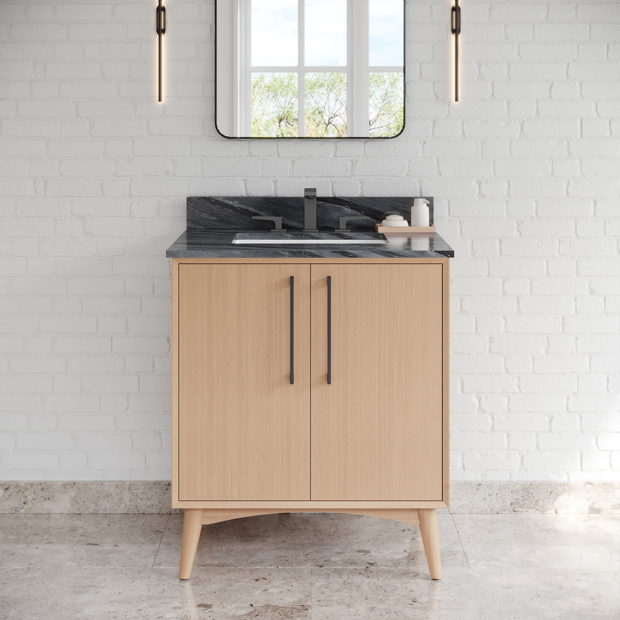 Jeffrey Alexander Dashwood Natural Oak Single Sink Bathroom Vanity with Grey Marble Top - Single-Hole Faucet Top - VKITDAS30NOMGR