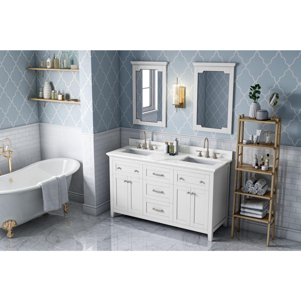 Jeffrey Alexander Chatham 60" White Double Sink Bathroom Vanity with Calacatta Vienna Quartz Top - 8 in. Widespread Faucet Top - VKITCHA60WHCQR